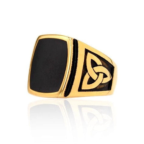 Anello con Pietra nera in acciaio 316L oro